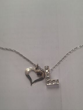 Silver Tone Necklace W/Heart & purple Gem& Bling Letter L Pendant 17.75-21" NWOT